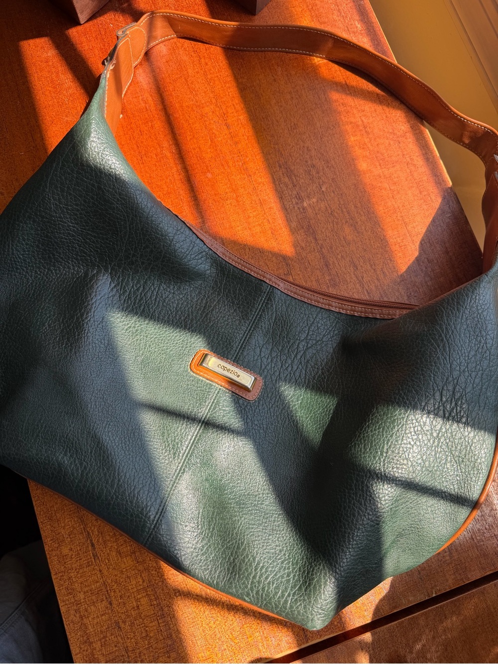 Capezio Y2K Olive Green & Cognac Genuine Leather Slouchy Hobo Shoulder Bag